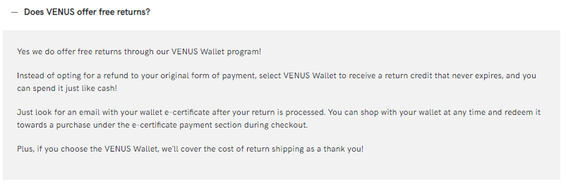 Programme Venus Wallet pour un retour gratuit avec crédit en magasin