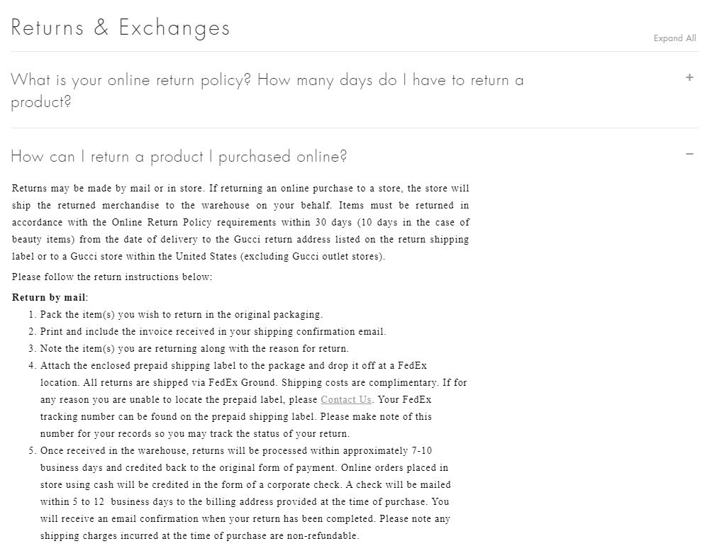 Politique de retour du commerce électronique Armani