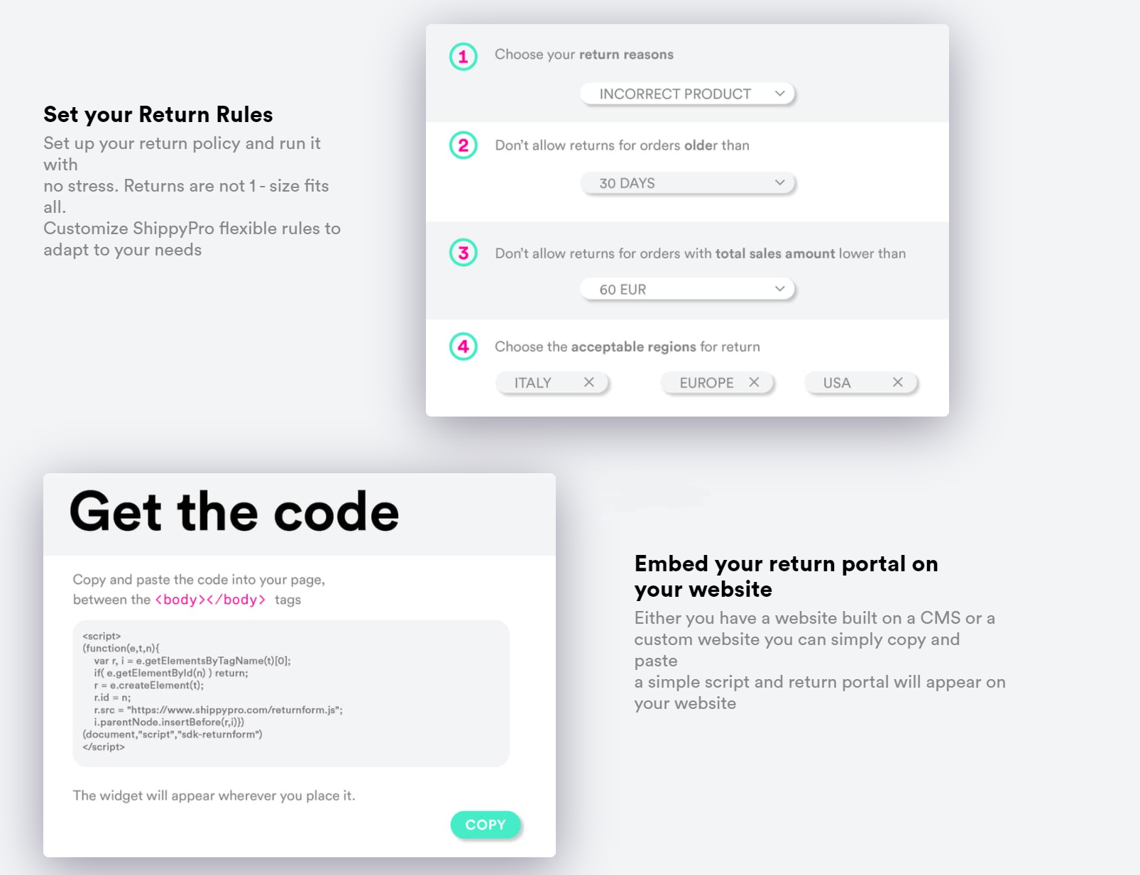Le retour facile de ShippyPro. Définissez vos règles de retour et intégrez le portail de retour sur votre site Web