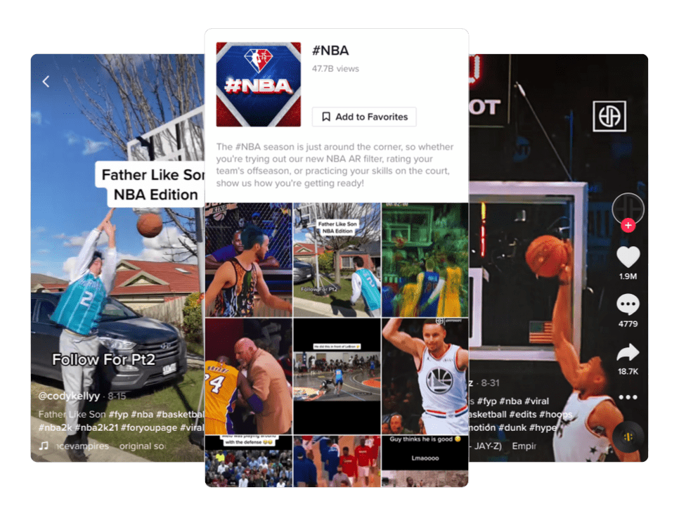 Screenshot della sfida hashtag NBA TikTok e alcuni esempi di contenuti