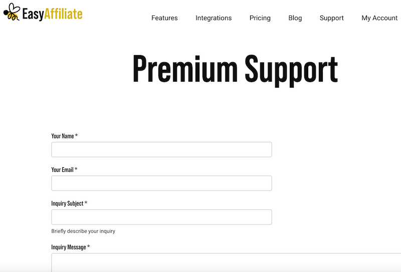The Easy Affiliate support page. 