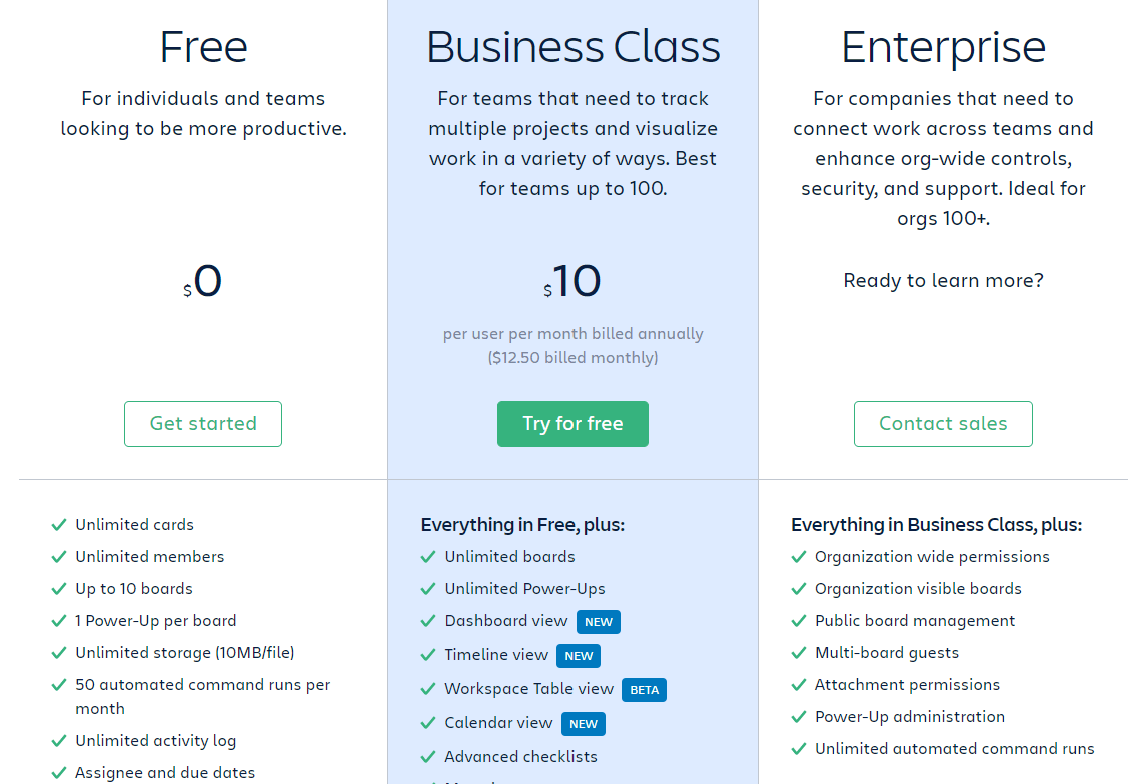 基于 SaaS 价值的定价示例 Trello-min