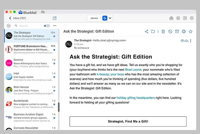 Bluemail Outlook 대체 대시보드