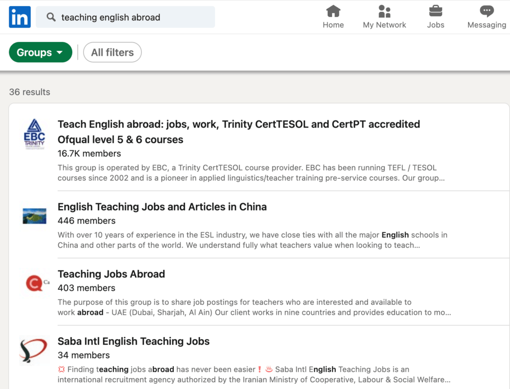 Group search of teaching English abroad on LinkedIn. 