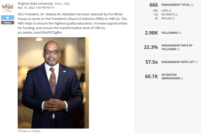 推特上的顶级 D2 学院 VSU 校长的照片