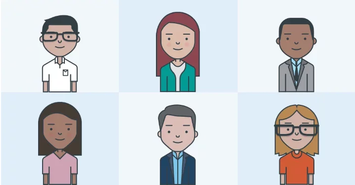 Zeichnung von sechs Büroangestellten