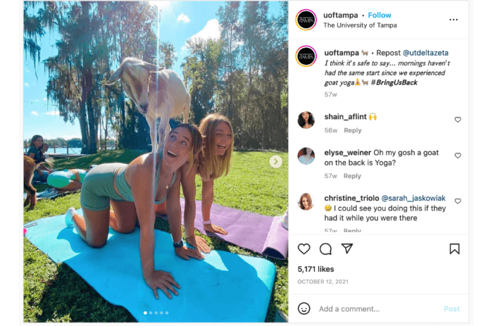 Imagen republicada de una cuenta de estudiante con estudiantes riéndose mientras hacen yoga de cabra