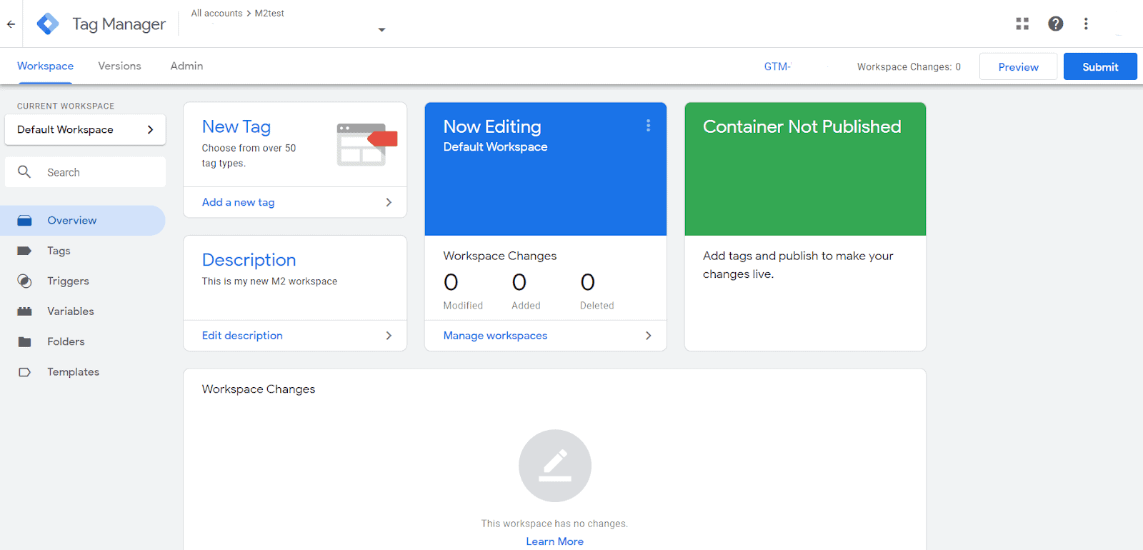 Interface du gestionnaire de balises Google