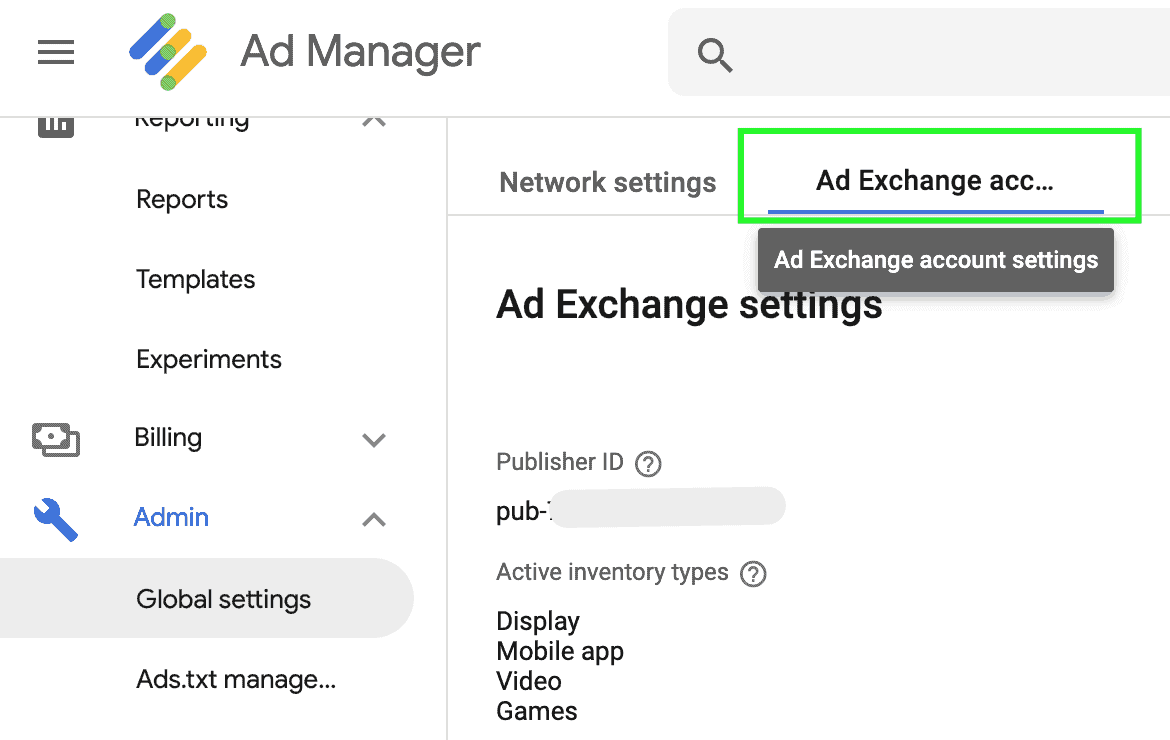 Configurações do Ad Exchange