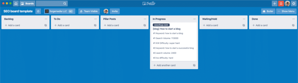 Пример SEO-доски Trello