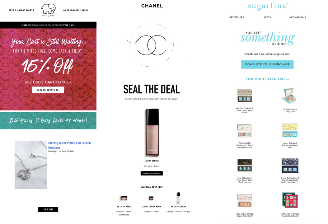 Taktyki personalizacji e-commerce — zrzuty ekranu trzech biuletynów e-mail od Ivory Ella, Chanel i Sugarfina. Wszystkie e-maile to spersonalizowane kampanie oferujące rabaty lub spersonalizowane oferty.