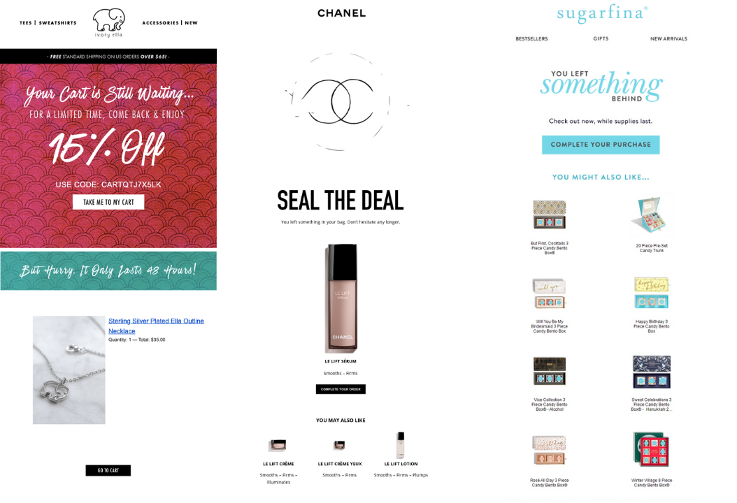 Ecommerce Personalization Tactics – Ivory Ella、Chanel、Sugarfina の 3 つのメール ニュースレターのスクリーンショット。メールはすべて、割引やパーソナライズされたオファーを提供するパーソナライズされたキャンペーンです。