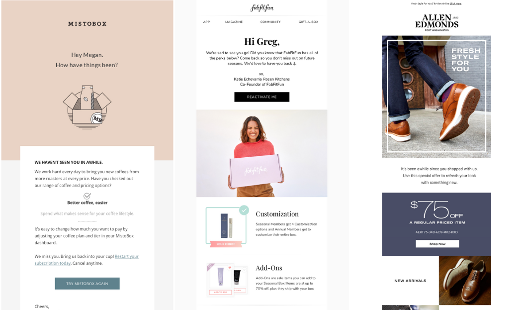 Tattiche di personalizzazione dell'e-commerce: l'immagine mostra gli screenshot di 3 newsletter via e-mail di MistoBox, FabFitFun e Allen Edmonds. Sono campagne e-mail personalizzate e di re-engagement.