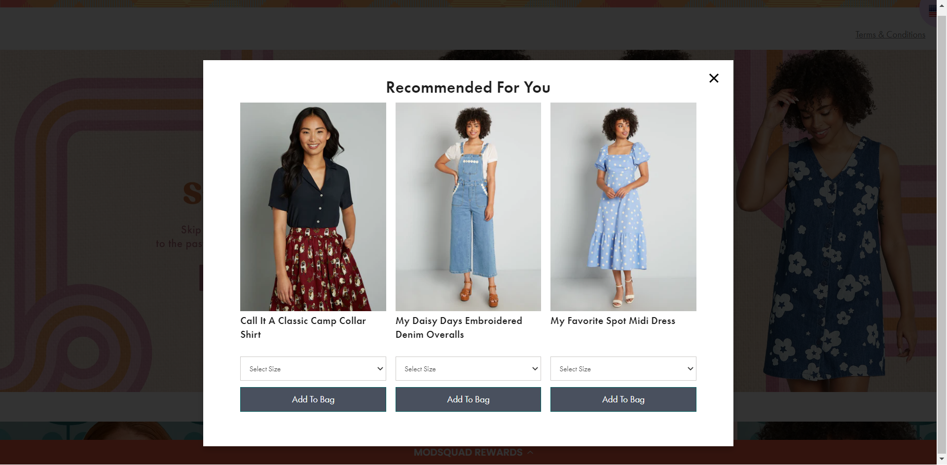 Tácticas de personalización de comercio electrónico: una captura de pantalla del sitio web de ModCloth. Muestra una ventana emergente con 3 productos "Recomendados para ti".
