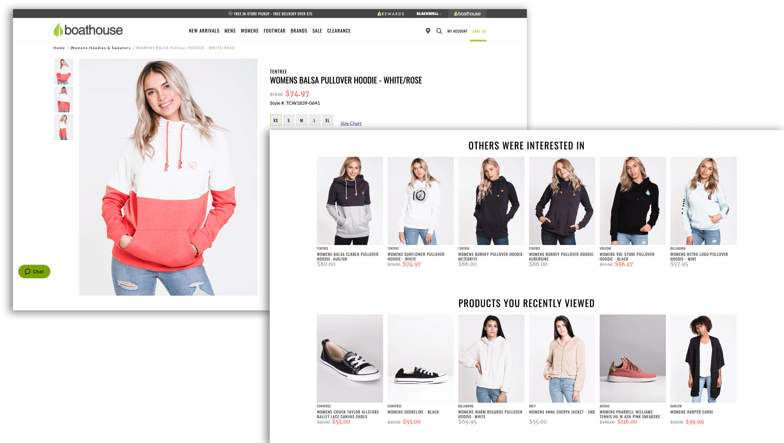 Taktyka personalizacji e-commerce — zrzuty ekranu ze strony internetowej Boathouse. Pierwsza pokazuje stronę produktu dla bluzy z kapturem. Druga pokazuje dolną połowę strony, która wyświetla sekcje „Inni byli zainteresowani” i „Produkty, które ostatnio oglądałeś”.