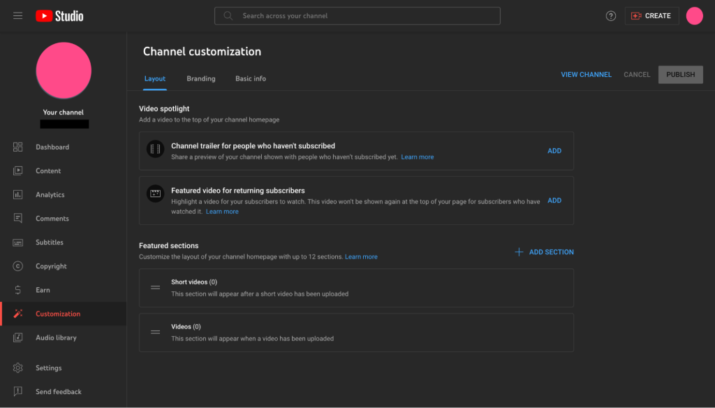 scheda del layout di personalizzazione del canale YouTube