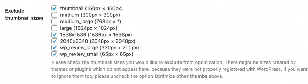 Excluir tamaños de miniaturas en ShortPixel