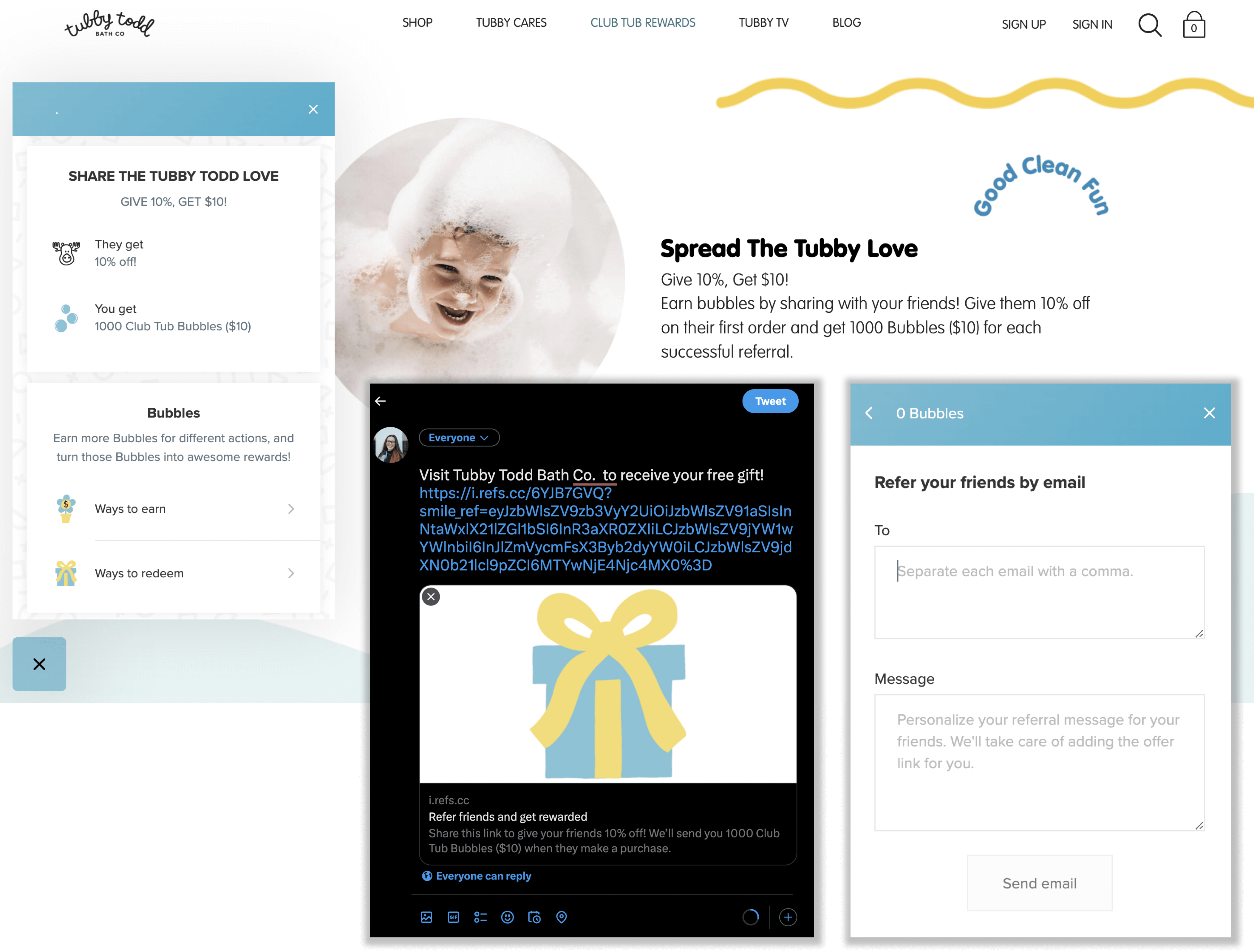 Tráfico de referencia en compras: una captura de pantalla del sitio web de Tubby Todd que muestra su panel de recompensas con íconos de marca junto a sus recompensas de referencia. La imagen también muestra una captura de pantalla del Facebook de un cliente de muestra de su mensaje para compartir referencias. Dice: "Visita Tubby Todd Bath Co. para recibir tu regalo gratis". seguido de la URL y un icono de marca de un regalo. La captura de pantalla final muestra el panel de recompensas con la opción de enviar un mensaje de referencia personalizado por correo electrónico. Hay un cuadro para ingresar la dirección de correo electrónico del destinatario, seguido de un cuadro para ingresar un mensaje personalizado.