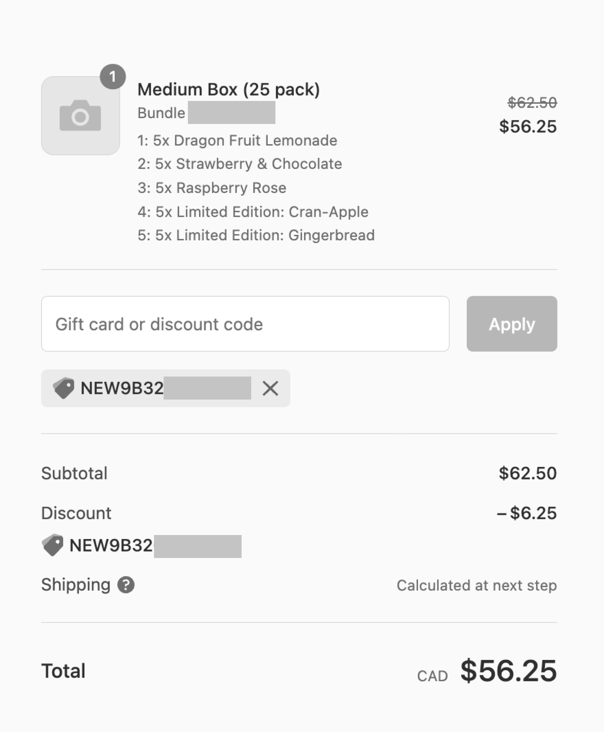 구매에 대한 추천 트래픽 – Happy Pops 웹사이트의 결제 페이지 스크린샷. 항목, 총 소계 $62.50, 고객에게 $6.25 할인을 적용한 쿠폰이 표시됩니다. 총 가격은 $56.25입니다.