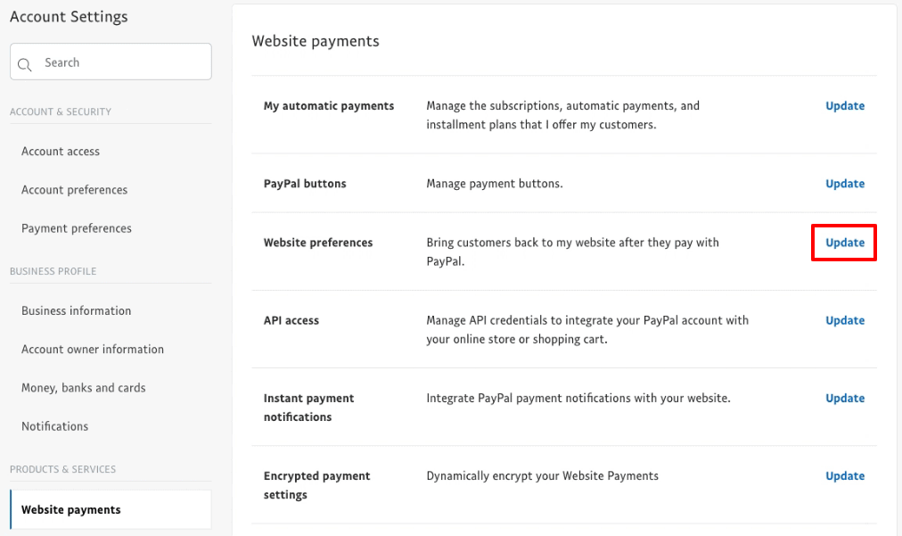 Preferensi situs web PayPal