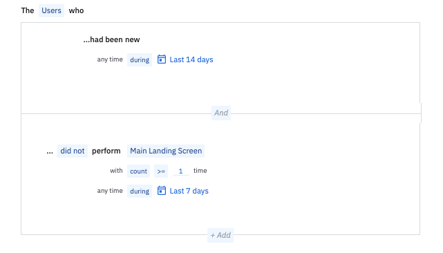 Acest ecran arată generatorul de cohorte în acțiune. Puteți crea o cohortă dinamică și puteți seta parametri, cum ar fi utilizatorii care au fost noi în ultimele 14 zile și nu au ajuns la ecranul principal de aterizare în AmpliTunes în ultimele șapte zile.