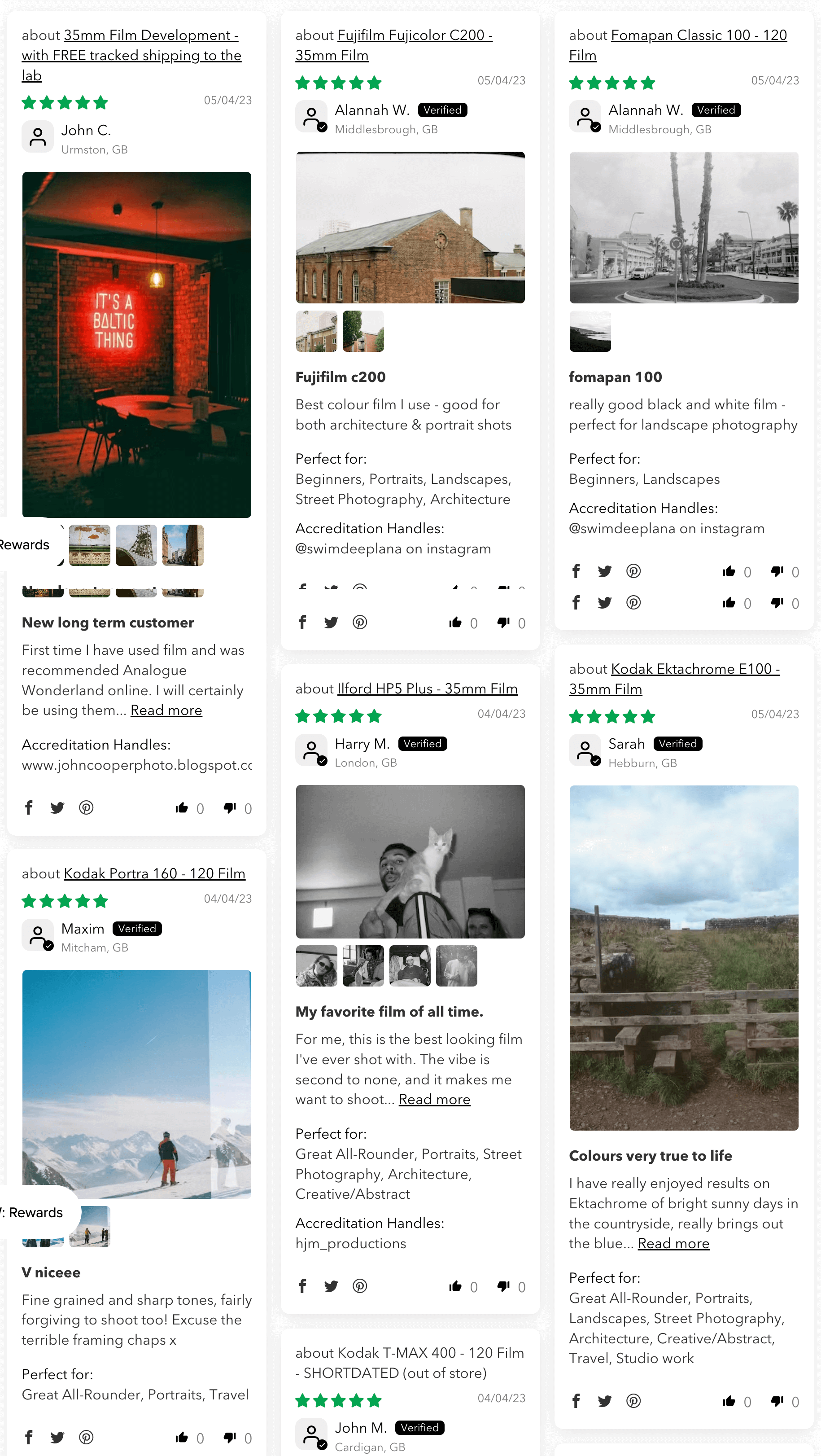 Mendongeng Brands–Halaman "Wall of Inspiration" Analog Wonderland diambil dari situs webnya. Dalam tata letak galeri berubin, halaman menampilkan beberapa foto dan ulasan yang diposting oleh pelanggan.