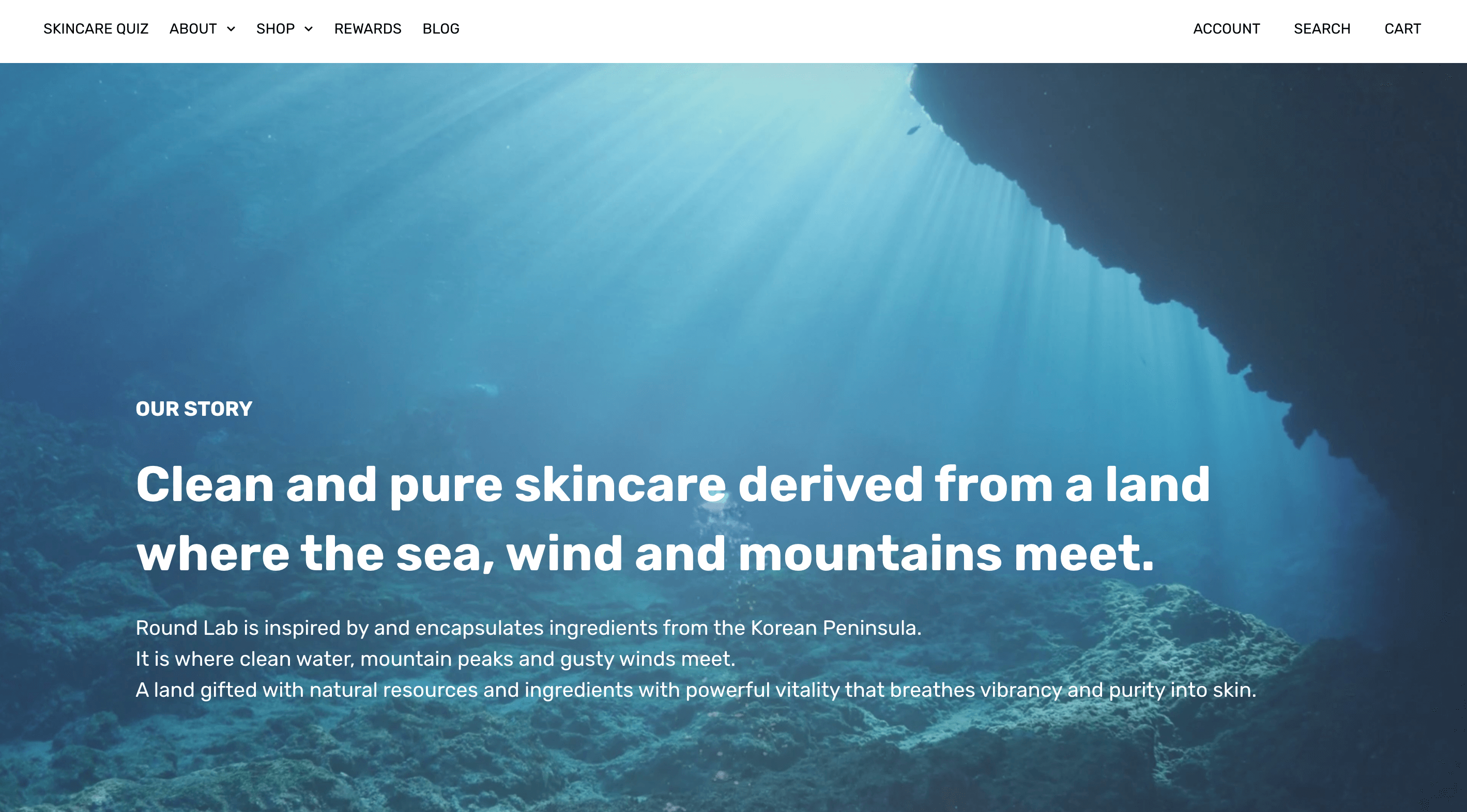 Storytelling Brands–Biografi Round Lab diambil dari halaman Tentang di situs webnya: CERITA KAMI. Perawatan kulit yang bersih dan murni berasal dari tanah tempat bertemunya laut, angin, dan pegunungan. Round Lab terinspirasi oleh dan merangkum bahan-bahan dari Semenanjung Korea. Di sinilah air bersih, puncak gunung, dan angin kencang bertemu. Tanah yang diberkahi dengan sumber daya alam dan bahan-bahan dengan vitalitas kuat yang menghembuskan semangat dan kemurnian ke dalam kulit. Teks muncul di atas gambar pemandangan dasar laut.