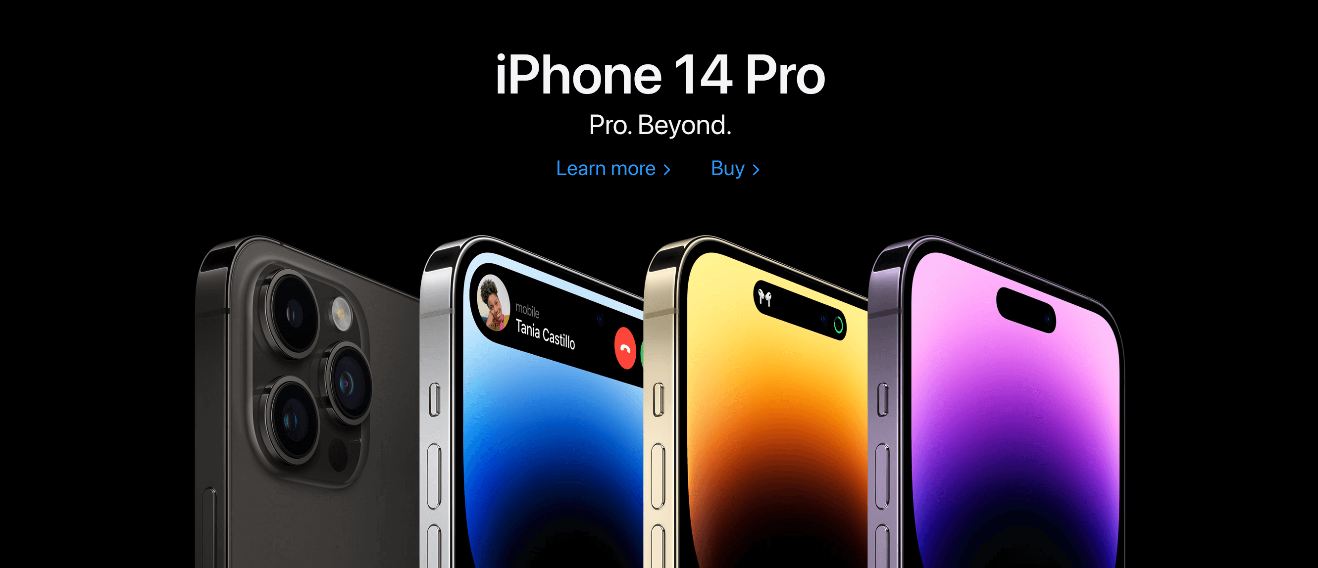Mendongeng Merek–Beranda Apple menampilkan gambar 4 iPhone 14 Pro, berdiri berdampingan.