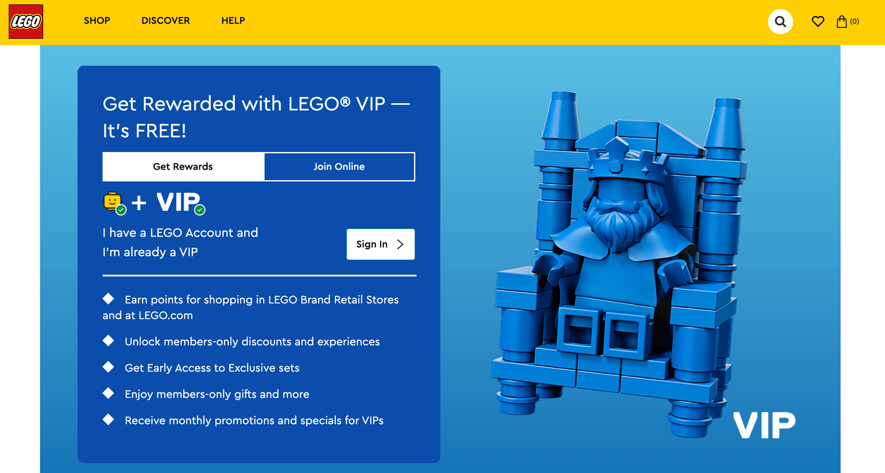 Leistungstabelle des LEGO VIP-Programms screenshot of lego vip rewards homepage