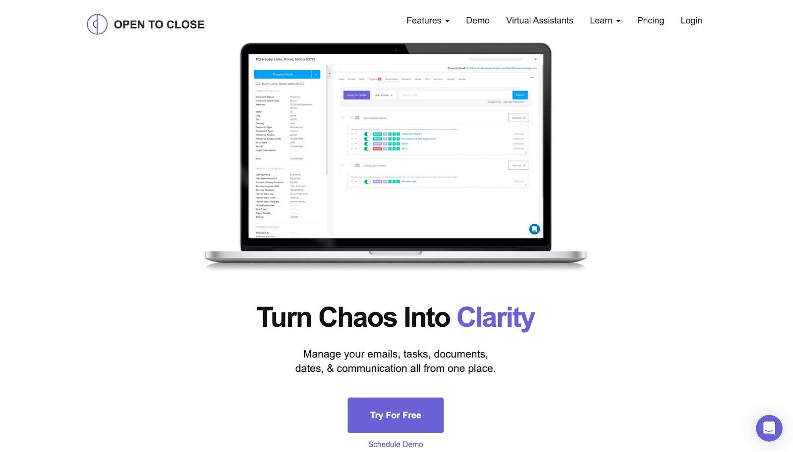 Open to Close 트랜잭션 관리 시스템 웹사이트 홈페이지 스크린샷