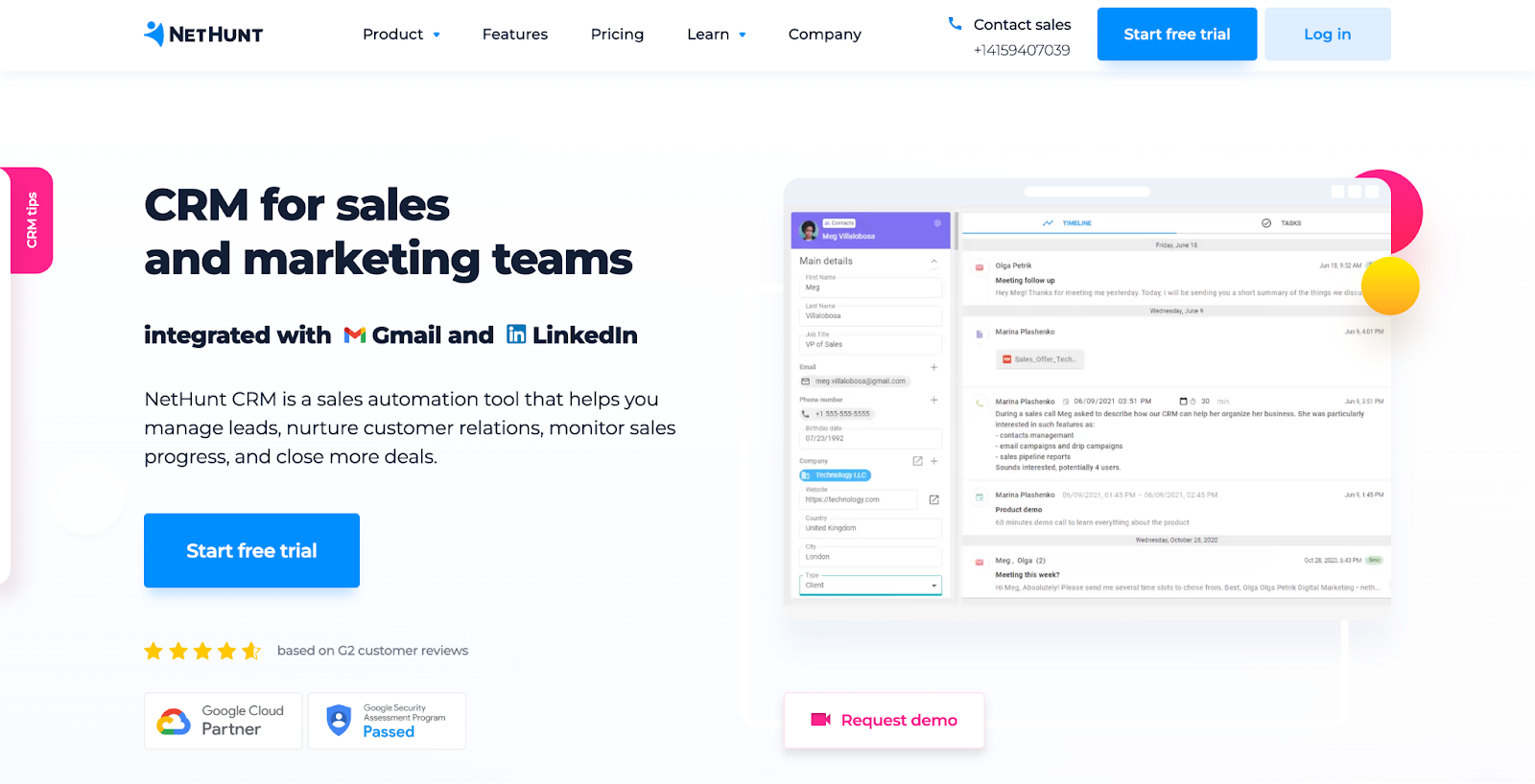NetHunt CRM 웹사이트 홈페이지 스크린샷