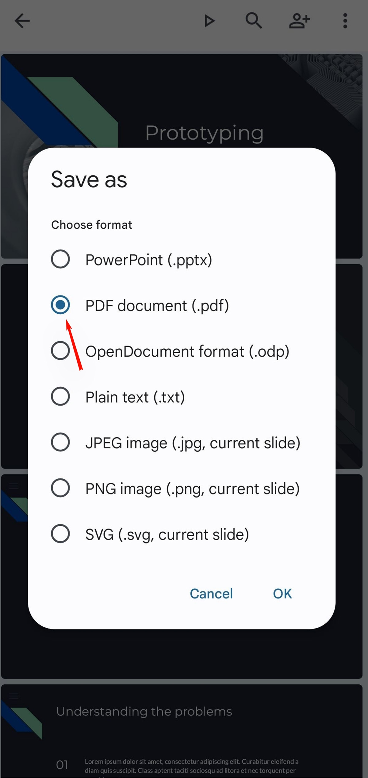 在其他选项中选择“PDF 文档 (.pdf)”，然后单击“确定”。