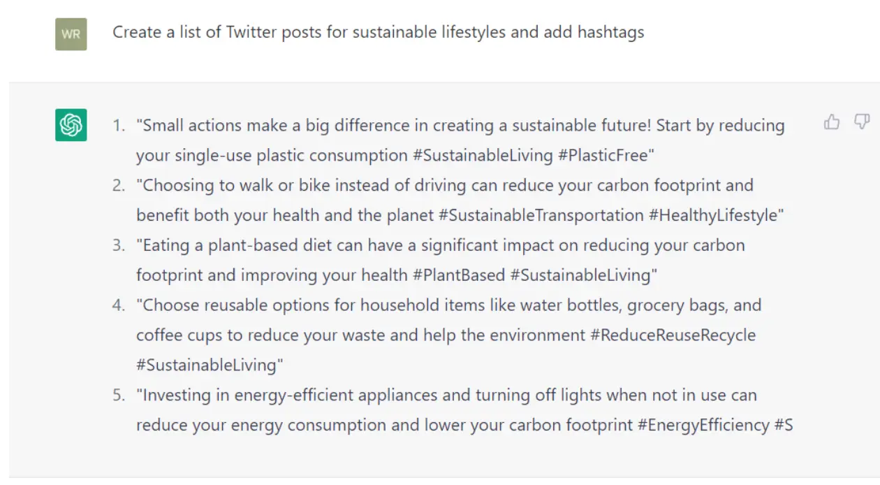 Ausgabe von chatgpt, wenn er aufgefordert wird, Twitter-Beiträge mit relevanten Hashtags zu erstellen