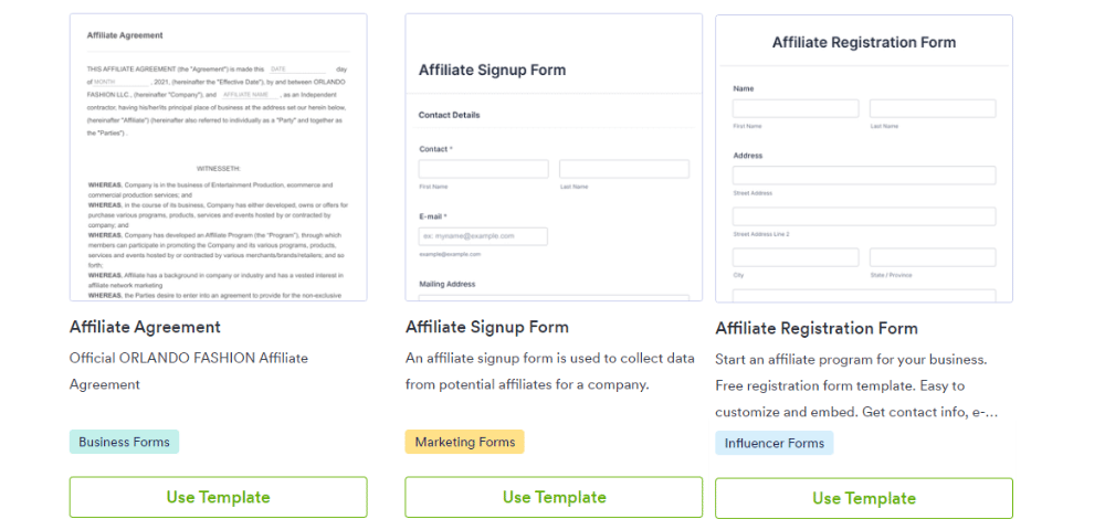 Jotform premade affiliate program templates 