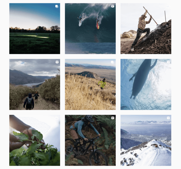 Le flux Instagram de Patagonia se compose d'un mélange d'activités de plein air accrocheuses et de photos de la nature.