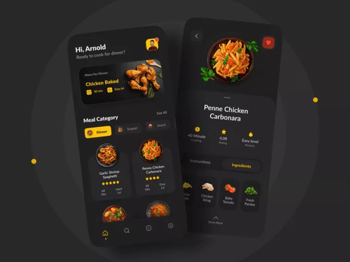 Dunkler Modus in der Lebensmittelrezept-App