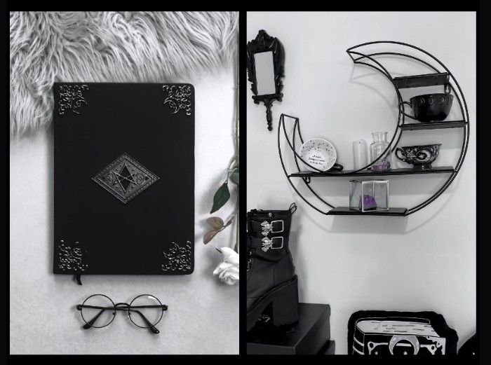 製品推奨の画像を示す Killstar のカート放棄メールのスクリーンショット。天体模様が描かれた黒革のノートと、三日月の形をしたウォールシェルフがあります。