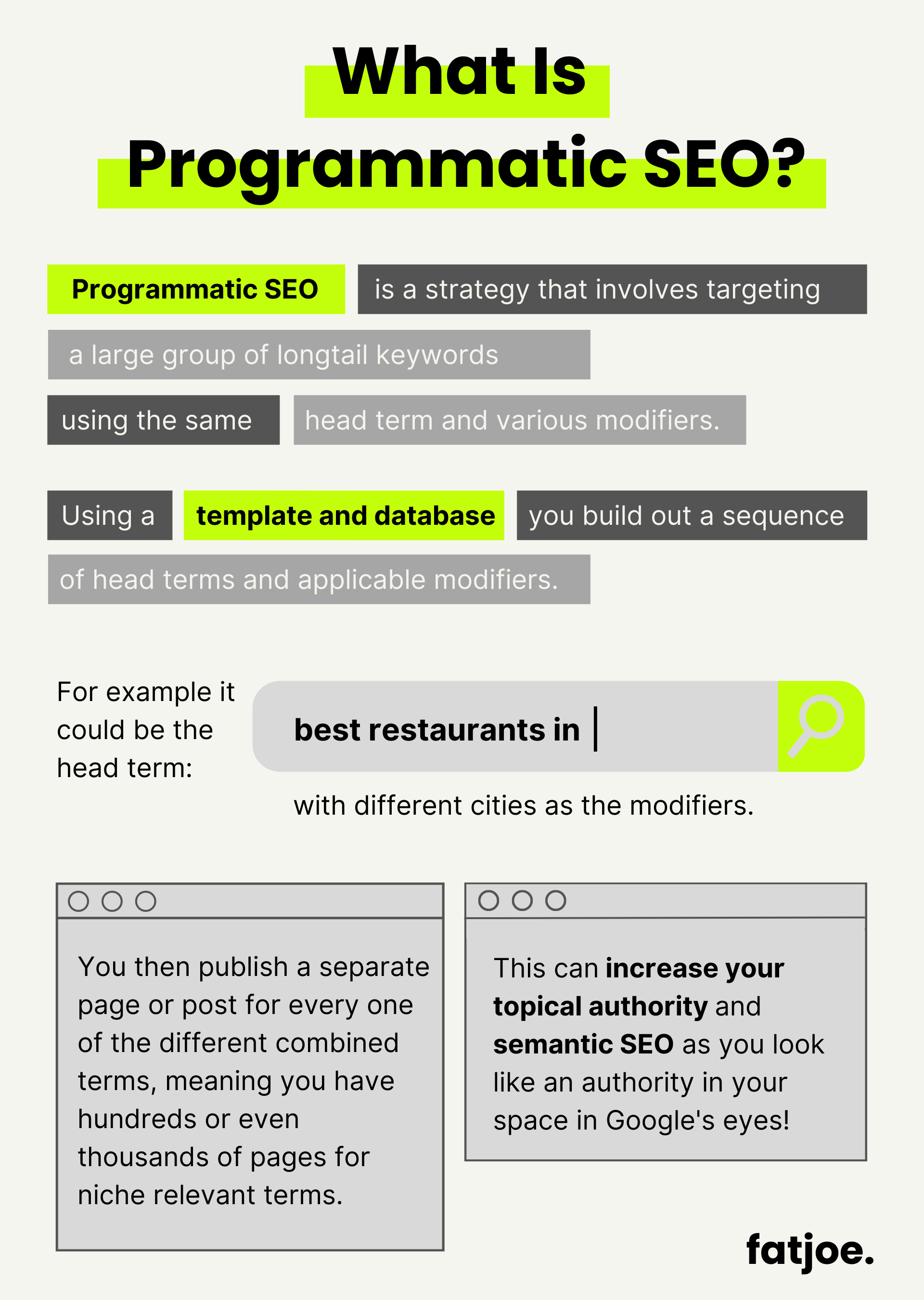 Grafico FATJOE che fornisce una panoramica di cosa sia la SEO programmatica.