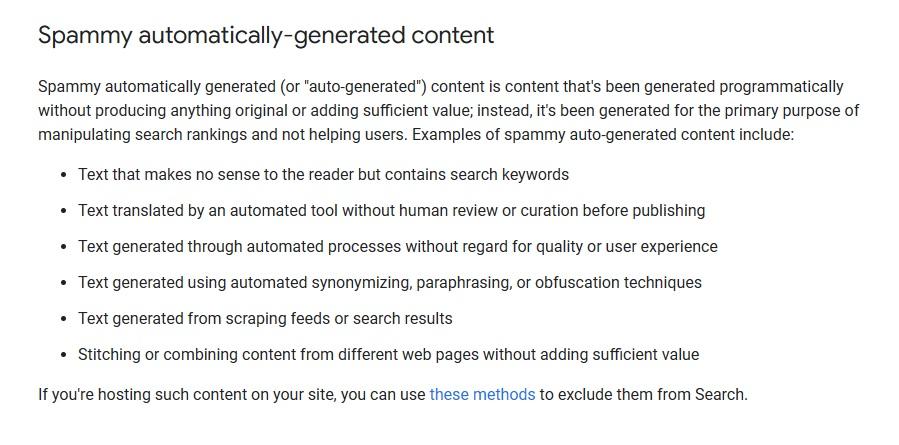 Screenshot della politica di Google sui contenuti generati automaticamente