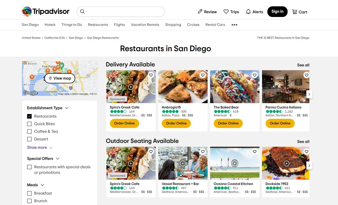 Screenshot dei migliori ristoranti di Trip Advisor a San Diego