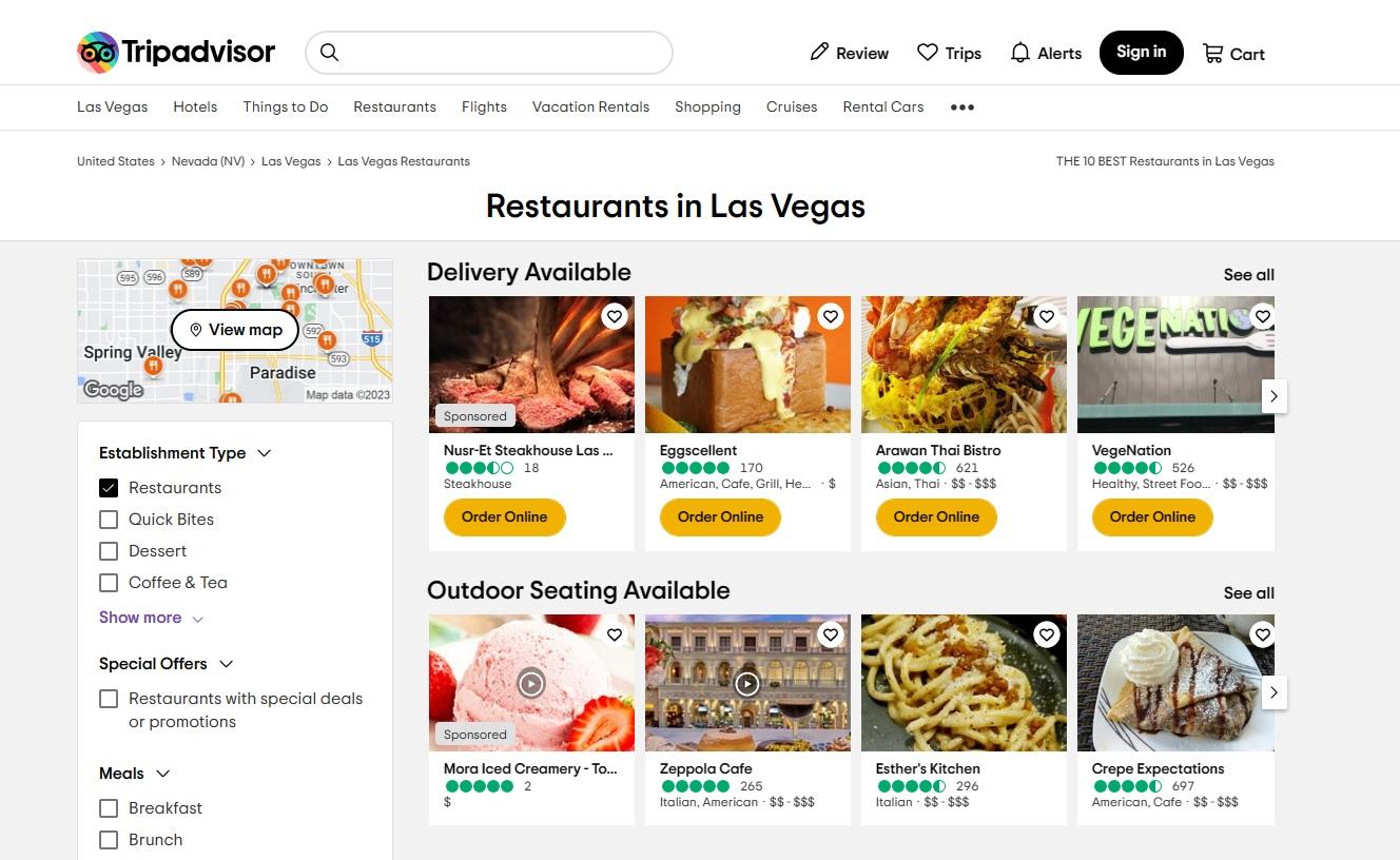 Screenshot dei migliori ristoranti di Trip Advisor a San Diego