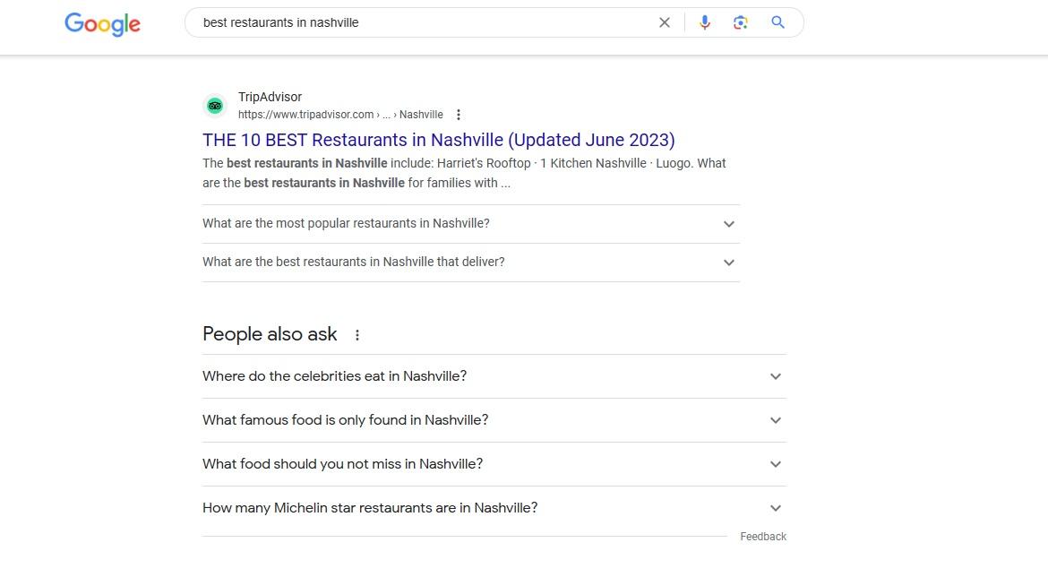 Screenshot dei risultati di Google per i migliori ristoranti di Nashville
