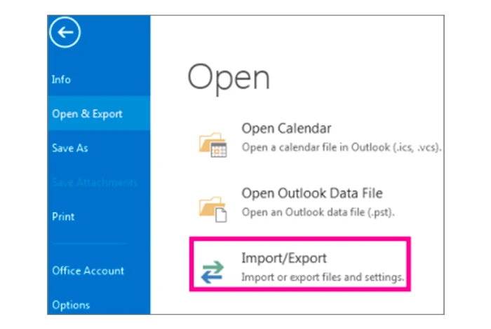 Outlook 导入和导出仪表板屏幕截图