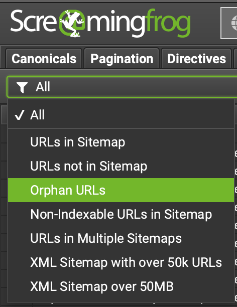 software SEO screaming frog che mostra URL orfani