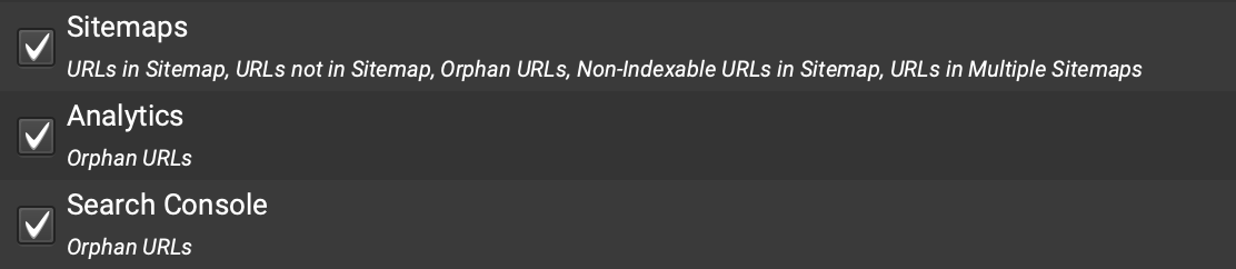 configurazione dell'analisi di scansione della rana urlante per la ricerca di URL orfani