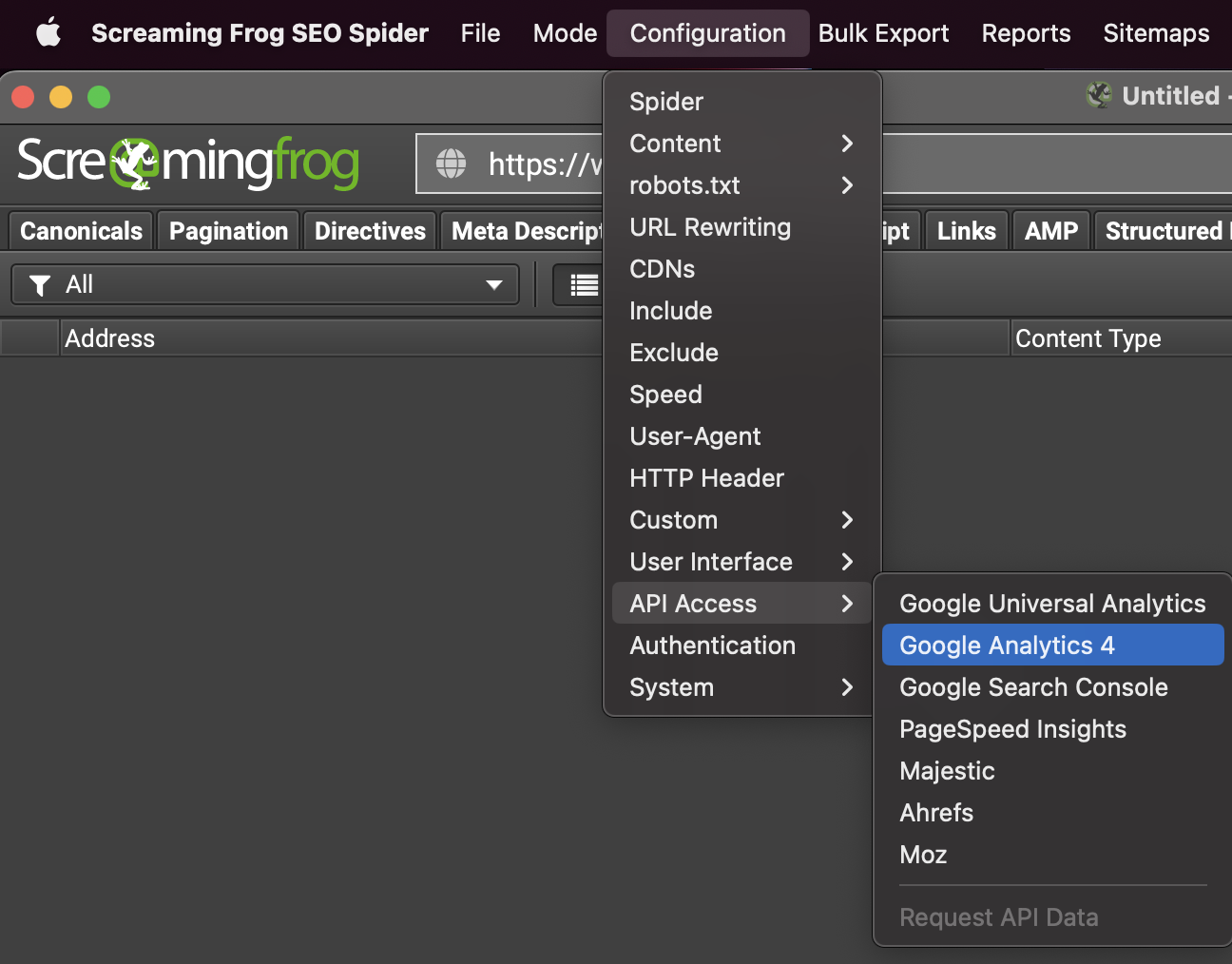 accesso all'API della rana urlante a google analytics