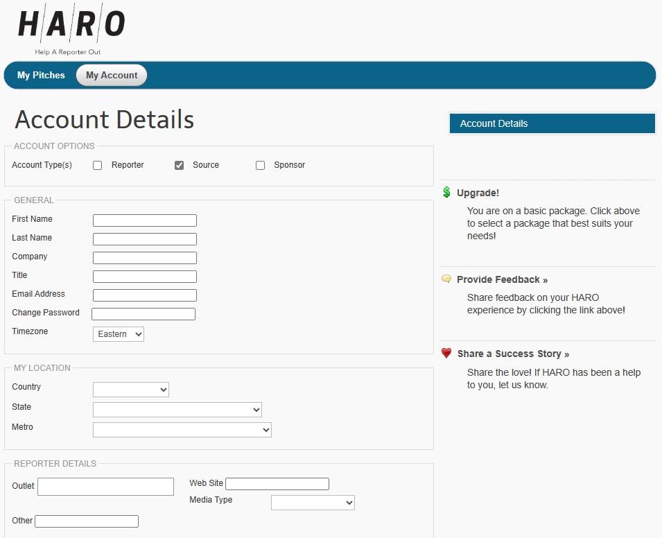 Данные учетной записи HARO