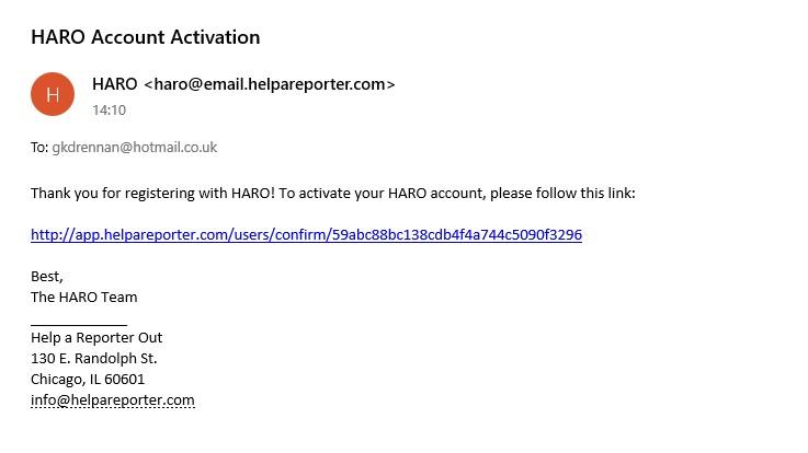 Активация учетной записи HARO