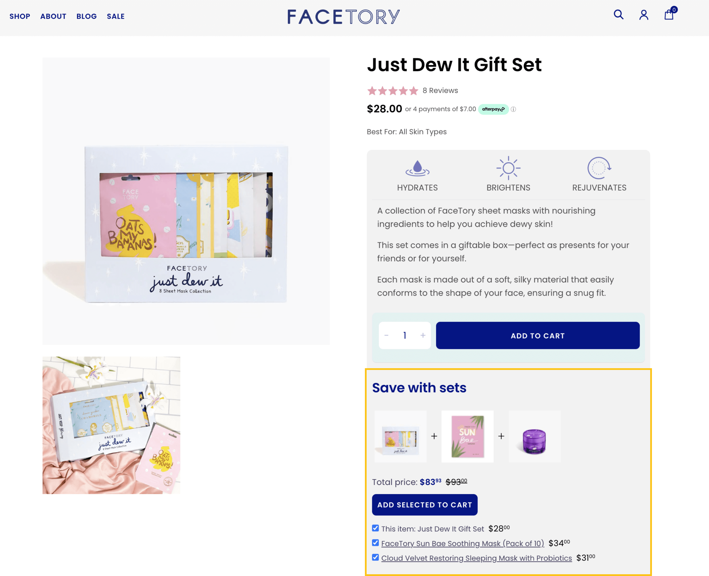 O captură de ecran a paginii de produs FaceTory Just Dew It Gift Set. Sub descrierea produsului, există o secțiune intitulată: Salvați cu seturi. Prezintă alte 2 produse — FaceTory Sun Bae Soothing Mask pentru 34 USD și Cloud Velvet Restoring Sleeping Mask cu probiotice pentru 31 USD. Un client poate face clic sau deza clic pe o casetă de selectare și poate apăsa butonul Adăugare selectată în coș. În imagine, toate articolele sunt făcute clic și prețul este redus la 83,93 USD de la 93 USD.