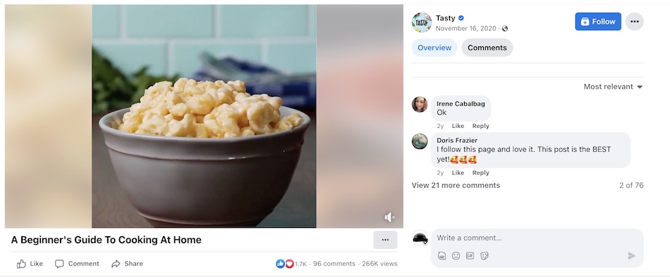 Kadr z postu wideo na Instagramie przedstawia miskę makaronu z serem i kolumnę komentarzy po prawej stronie